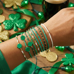 Set di Gioielli Go2boho per San Patrizio, Bracciale con Perline Verdi, Charm a <span class=keywords><strong>Trifoglio</strong></span>, Braccialetto Elastico - Product Image 1