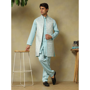 OEM personalizado Chaap hombres azul claro Dola seda Kurta conjunto con chaqueta de brocado estilo Premium hecho a mano Kurta conjunto - Product Image 1