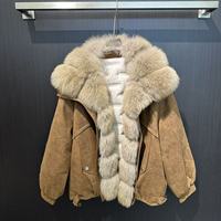 Manteau d'hiver pour femme avec col en vraie fourrure de renard, fermeture à cordon de serrage à la taille, poignets élastiques, coupe ample décontractée, doudoune chaude