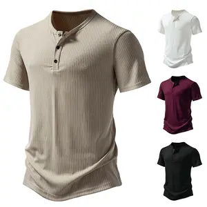Wit Leeg Custom Logo Heren Vintage T-Shirts Button Streetwear Geribbeld Wafelpatroon Heren O-hals T-Shirts Pour Hommes
