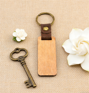 Vintage Style Durable Folk Art Wooden Keychain Laser Engraved with Brass Ring & Leather Holder Freestanding Home Decoration