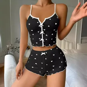 Sleepwear Women <b>Pajamas</b> <b>Set</b> Heart Print Soft Ribbed Fabric with Flirty Frill Trim Casual Cami Top and Shorts <b>Sets</b> Loungewear - Product Image 2