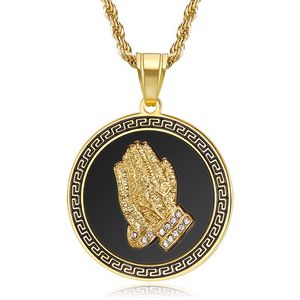 Collar con Colgante de Mano de Buda, Acero Inoxidable, Chapado en Oro, Redondo, con Incrustaciones de Diamantes, Joyería Unisex para Regalo - Product Image 1