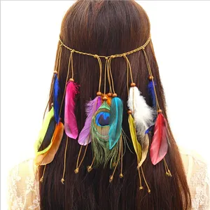 Diadema de plumas de pavo real bohemias para mujer, accesorios para el cabello con cabeza de viento nacional, moda europea y americana