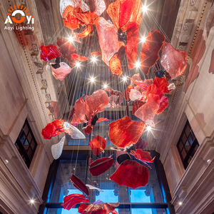 Grand lustre en verre artistique rouge avec abat-jour en acier inoxydable |   Éclairage décoratif personnalisé à LED pour hôtel/villa, garantie 5 ans - Product Image 2