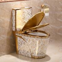 WC monobloc en céramique doré sur mesure, allongé, à double chasse, style moderne, avec couvercle en PP électroplaqué