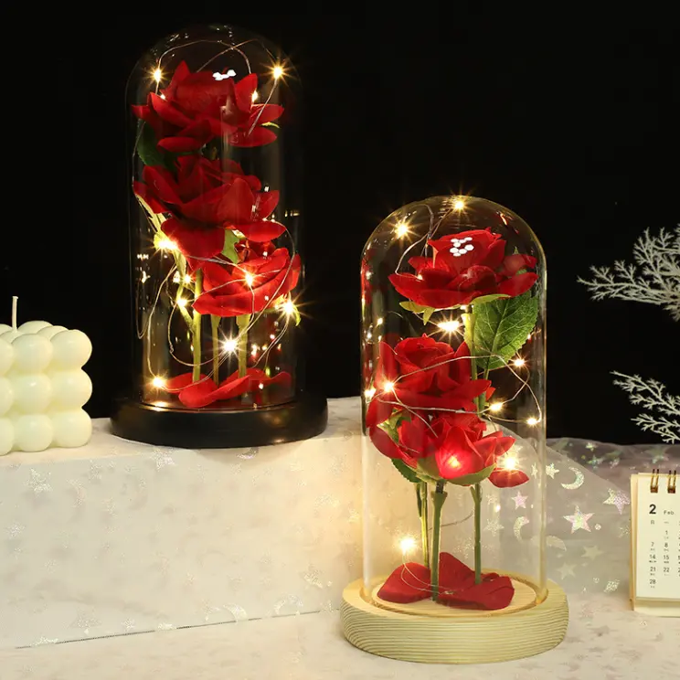 Hot Sale Kerstcadeau Led Lights Glas Bedekte Rozen Valentijnsdag Zeep Rose Geschenkdoos