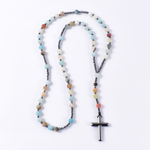 8mm in pietra naturale Amazonite cristiana cristo <span class=keywords><strong>rosario</strong></span> collane con croce di ematite collana pendente per uomini e donne gioielli - Product Image 4