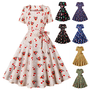 Nouvelle Robe de Soirée de <span class=keywords><strong>Noël</strong></span> Personnalisée en Gros, Col Carré, Manches Courtes, Imprimée, Style Rétro avec Pendentif - Product Image 2