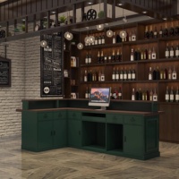Comptoir de bar en bois vintage personnalisé avec éclairage LED, design robuste et écologique, finition vernie, dos massif pour le commerce de détail
