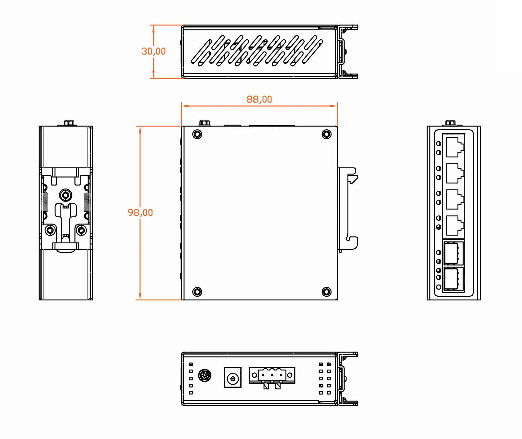 Conmutador de red rápido OEM/ODM de 48V, 6 puertos, 10/100/1000M, conmutador de fibra Ethernet, grado industrial, marca HZGWS