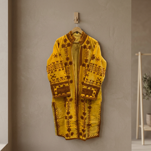 Wholesale Indian Handmade Suzani Embroidered Yellow Velvet Kimono <b>Jacket</b> Long Duster Coat Vintage <b>Brown</b> Floral Vine Motif <b>Women</b> - Product Image 6