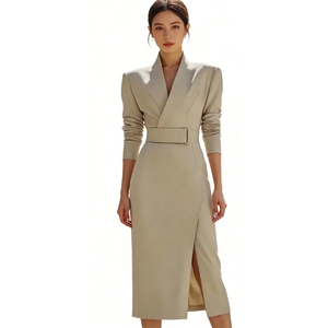 Robe midi à col châle pour femme - Manches longues, ceinturée, moulante, vêtements pour femmes, robes pour femmes, mode - Product Image 3