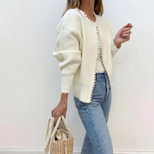 Pearl Trim Knitted <b>Cardigan</b> <b>Sweater</b> One Size Loose Fit Solid Color Women's <b>Cardigan</b> - Product Image 3