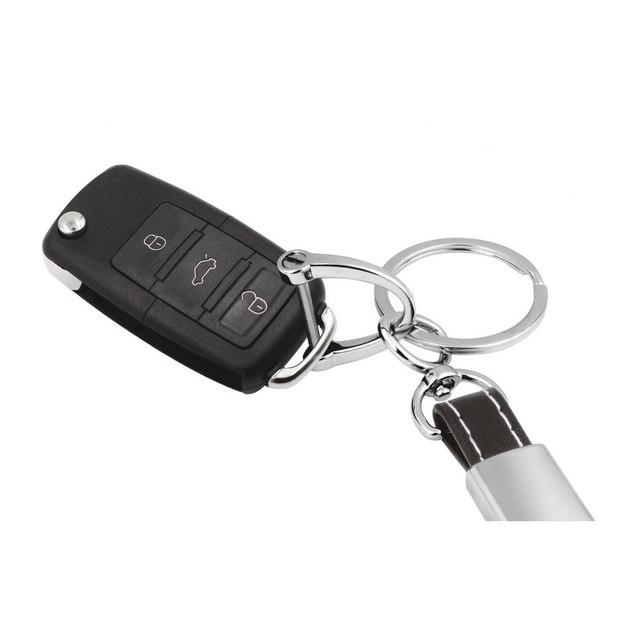 Shiny Metal Keychain with Black Leather Zinc Alloy and Plastic UV Printed
