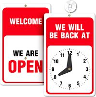 Will Be Back/Welcome We Are Open Two Sided Be Back Clock Sign Horloge en vinyle PVC réglable