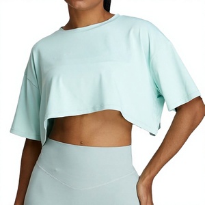 Women's Oversized <b>Cropped</b> <b>T</b> <b>Shirt</b> Asymmetric Drop Shoulder Solid Color Breathable Knitted Loose <b>Fit</b> O-Neck Short Sleeve <b>T</b>-<b>shirts</b> - Product Image 1
