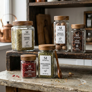 Barattolo per Spezie in Vetro Quadrato Minimalista da 120ml con Coperchio in Legno di <span class=keywords><strong>Acacia</strong></span> e Adesivo Impermeabile Personalizzato - Product Image 5