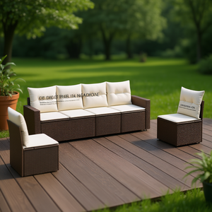 Conjunto de Sofá de Jardín de Ratán Marrón con Cojines Color Crema, Muebles de Exterior Impermeables de Diseño Contemporáneo - Product Image 2