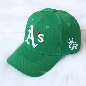 OEM personnalisé votre propre marque polyester acrylique 6 panneaux chapeaux verts A et S 3D logo brodé casquettes de sport