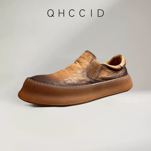 European Style Men's Retro Pleated Cowhide <b>Round</b> Toe Platform Loafers Brown Black Slip-On <b>Cushioned</b> Mid-Heel Casual Shoes - Product Image 2