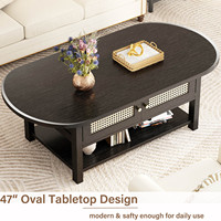 Table basse ovale moderne en rotin, style bohème, avec rangement dissimulé, en bois noir, pour salon – Vente en gros