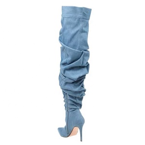 Colección de invierno tacón alto hasta la rodilla <span class=keywords><strong>botas</strong></span> de entrepierna para mujer Denim arrugado zapatos puntiagudos <span class=keywords><strong>botas</strong></span> de mujer - Product Image 2