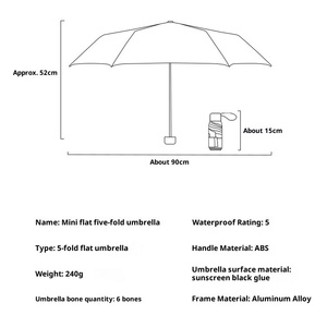 ร่มพับขนาดเล็ก 5 ตอน 6 ซี่โครง โพลีเอสเตอร์ สำหรับกันแดด กันฝน น้ำหนักเบาพิเศษ พร้อมซิป รุ่น Sunday Flat Five-fold - Product Image 2