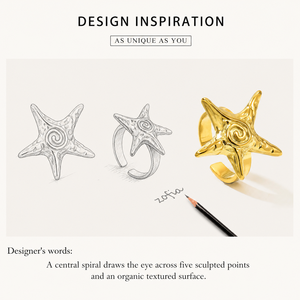 Anillo Ajustable de Estrella de Mar en Espiral, Acero Inoxidable, Chapado al Vacío en Oro de 14K, Diseño Texturizado y Audaz - Product Image 3