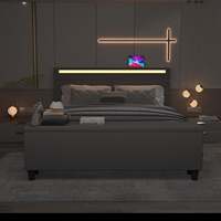 Lit plateforme rembourré de style Mid-Century Modern avec éclairage LED, port USB, vérin à gaz, rangement King Size et ottoman - KD, montage facile