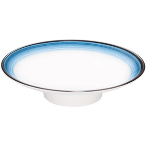 Plato de melamina redondo con patas altas para servir bocadillos en hoteles y fiestas, diseño con borde azul. - Product Image 1