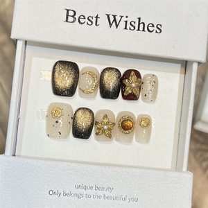 <span class=keywords><strong>Uñas</strong></span> Postizas Acrílicas Removibles Pintadas a Mano con Diseño 3D de Flores, Luna y Estrellas Doradas para Otoño, Alta Calidad, Hechas a Mano, Venta al Por Mayor - Product Image 1