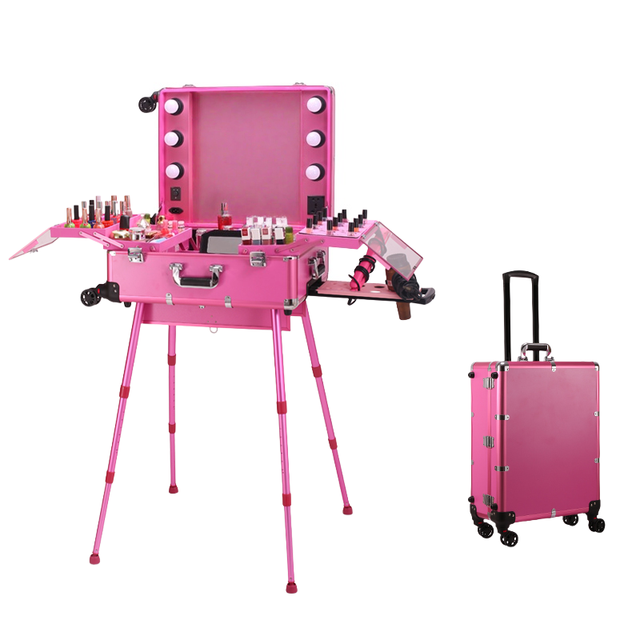 Makeup case with Mirror, Wedding On-site Makeup Rolling Cosmetic Case, LED-lit Makeup Case, and Customized Makeup Tool Case