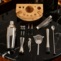 Ensemble de mélangeurs Boston de haute qualité avec support de présentation en bambou, kit de barman professionnel en acier inoxydable, ensembles de bar haut de gamme, compatibles lave-vaisselle