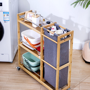 Multifunctional Storage <b>Rack</b> With Laundry Basket Bamboo Frame 3 Tier <b>Rolling</b> Cart For Bathroom Organization - Product Image 2