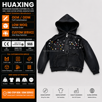 Sudadera con capucha negra con cremallera, con puntos de colores y efecto desgastado, con logotipo personalizado, Strategic Factory OEM ODM Private Label Y2K Heavyweight Bulks Pro