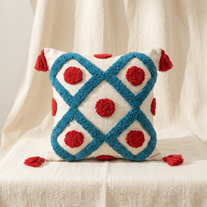 Funda de Cojín Cuadrada con Diseño Geométrico, Adorno de Pompones Rojos y Bordado de Diamantes Azules - Product Image 3