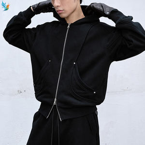 Vente en gros éponge française délavé à l'acide gris 100% coton vieilli teint à froid Boxy Crop fermeture éclair complète sweat à capuche vierge pour hommes - Product Image 3