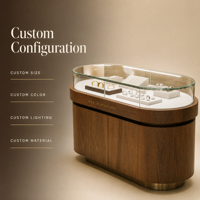 Vitrine de présentation de bijoux ovale sur mesure avec verre incurvé pour les magasins de bijoux en chaîne, taille, couleur, éclairage et matériaux personnalisés