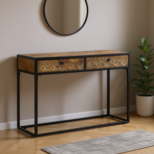 Natural <b>Brown</b> Wood Console <b>Table</b> With Metal Frame Industrial Modern Design Living Room Furniture - Product Image 2