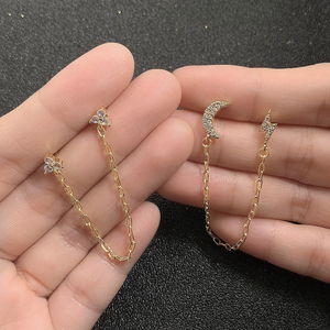 Women Ear Stacking Fashion 18K Gold Plated Cz Delicate Long <b>Chains</b> Twinkling Studs Earrings - Product Image 5