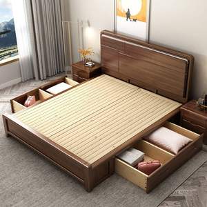 Lit en bois de noyer de style chinois moderne 1,5 m 1,8 m avec coffre de rangement, lit de mariage pour chambre principale - Product Image 4