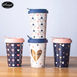 Tasses à café réutilisables SWT 400 ml sans poignée, personnalisées en porcelaine, cadeau de la Saint-Valentin, tasses à café à <span class=keywords><strong>emporter</strong></span>, <span class=keywords><strong>mug</strong></span> de voyage en céramique avec couvercle en silicone - Product Image 1