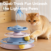 Jouet pour chat 3-en-1 double couche en plastique, avec boules sur circuit rotatif et plume interactive, pour le divertissement autonome et le soulagement du stress des animaux de compagnie