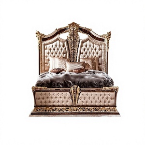 Nouvel arrivage de lit et chevet de chambre à coucher King Queen Master Room Mobilier de chambre à coucher à dossier haut sculpté en or Mobilier de chambre à coucher de luxe de taille King Size - Product Image 1