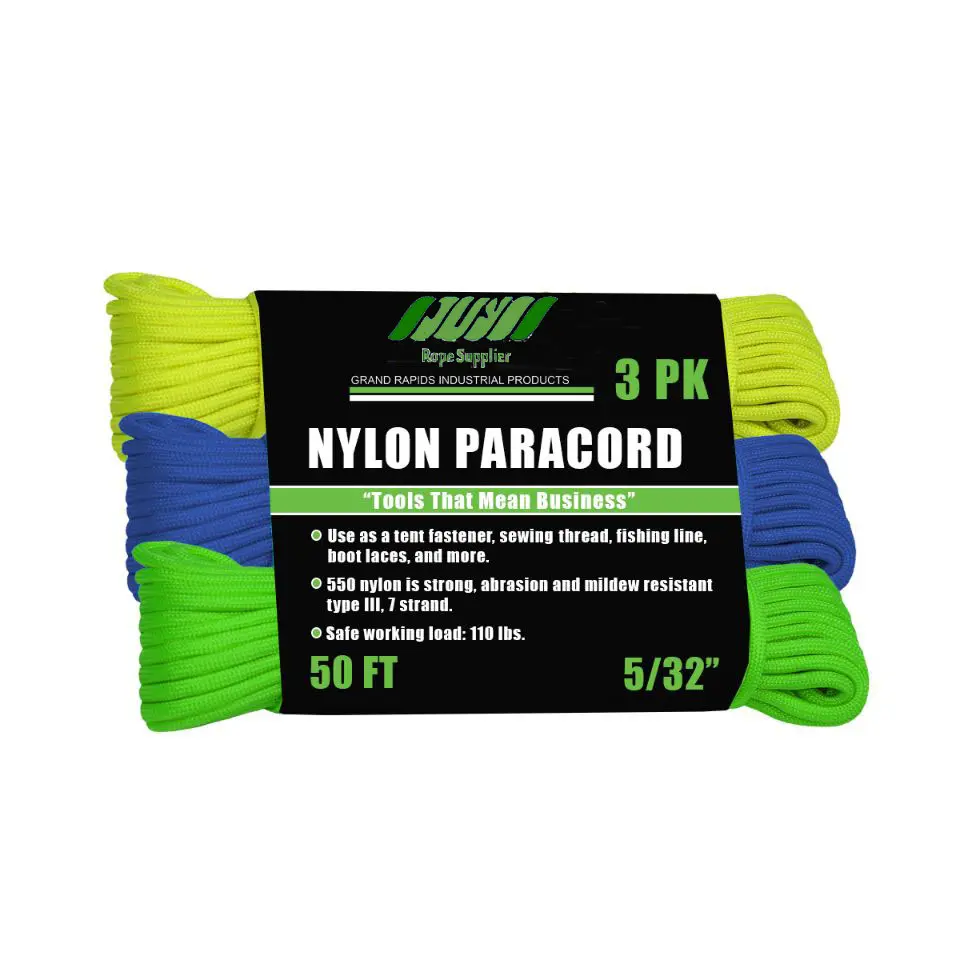 3 pack 5/32in 50ft nylon material Fluorescent Travel Seven core rope