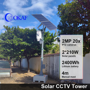 Tour de surveillance CCTV solaire autonome OkTower avec mât télescopique à manivelle de 4 m, support 4G Starlink, vidéo à distance - Product Image 1