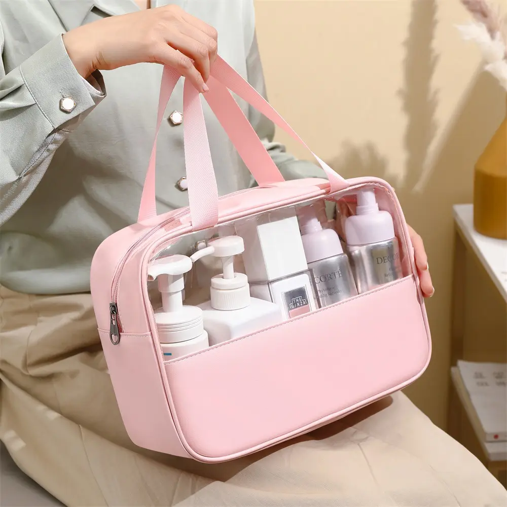 New Fashion Waterproof Women Organizer Beauty Pink PU Travel Toiletry Transparent PVC Makeup Pouch Cosmetic Bag Zipper
