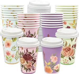 Taza de papel desechable con estampado de flores, logotipo personalizado, doble pared, papel de café, embalaje