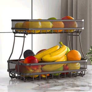 2 Tingkat Pemegang Dilipat Logam Hitam Besi Kawat Sayuran Stackable Roti Keranjang Dapur Buah Rak Penyimpanan Tampilan Berdiri - Product Image 6